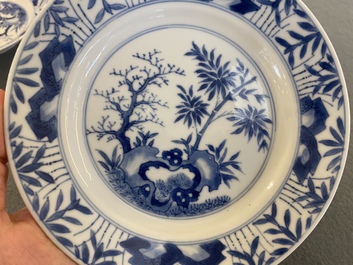 A pair of Chinese blue and white 'bamboo' plates, Chenghua mark, Kangxi