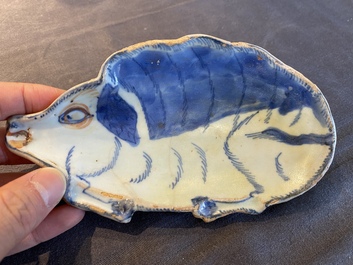 A Chinese blue and white Japanese market ko-sometsuke dish in the shape of a pig, Tianqi