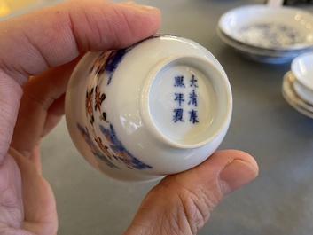 A pair of Chinese famille verte 'grasshopper' teacups, Kangxi mark but probably laer