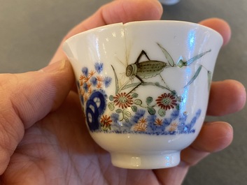 A pair of Chinese famille verte 'grasshopper' teacups, Kangxi mark but probably laer