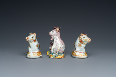 Trois miniatures en fa&iuml;ence de Delft polychrome et &agrave; peinture froide figurant un homme sur ch&egrave;vre et deux vaches, 18&egrave;me