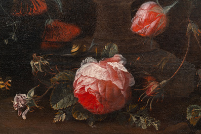 Van Verendael, Nicolaes (1640-1691, attr. to): Floral still life in urn with butterfly, oil on canvas