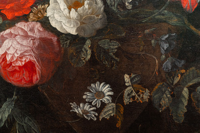 Van Verendael, Nicolaes (1640-1691, attr. to): Floral still life in urn with butterfly, oil on canvas