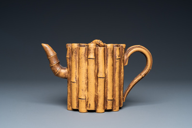 A Chinese Yixing stoneware 'bamboo' teapot and cover, Yang Fengnian 楊鳳年 mark, 20th C.