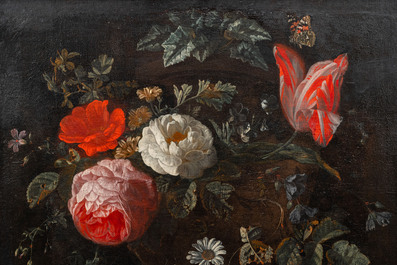 Van Verendael, Nicolaes (1640-1691, attr. to): Floral still life in urn with butterfly, oil on canvas