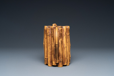 A Chinese Yixing stoneware 'bamboo' teapot and cover, Yang Fengnian 楊鳳年 mark, 20th C.