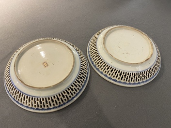 A pair of Chinese reticulated famille rose 'Fort Folly' dishes, Qianlong