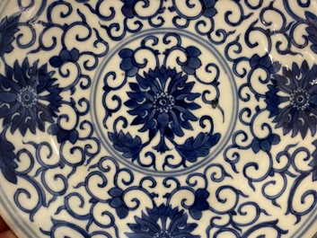 A Chinese blue and white 'lotus scroll' plate, Guangxu mark and of the period