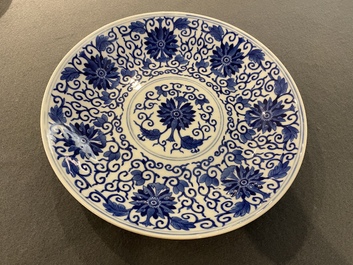 A Chinese blue and white 'lotus scroll' dish, Guangxu mark and of the period