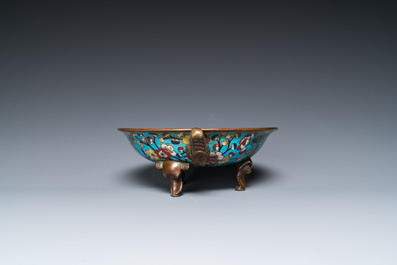 A Chinese cloisonn&eacute; tripod 'phoenix' bowl with elephant head handles, Qianlong/Jiaqing