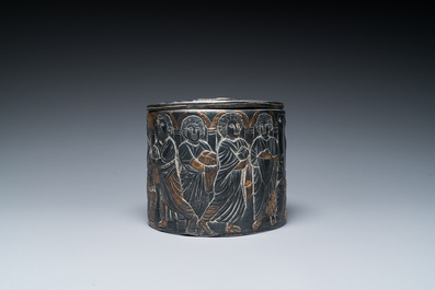 A probably Byzantine parcel-gilt silver pyxis, possibly Italy, 14th C. or later