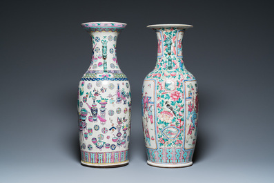 Two Chinese famille rose vases with antiquities and court scenes, 19th C.