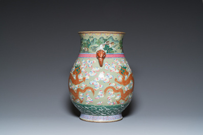 A large Chinese celadon-ground famille rose 'hu' vase with dragons, 19th C.