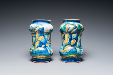 Two rare polychrome Italian maiolica albarelli, Urbino or Venice, 16th C.