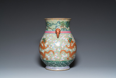 A large Chinese celadon-ground famille rose 'hu' vase with dragons, 19th C.