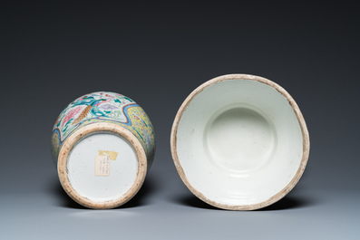 A Chinese famille rose yellow-ground 'phoenix' vase and a large spittoon, 19th C.