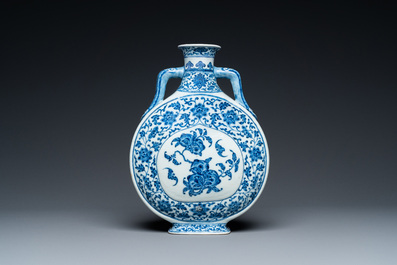 A Chinese blue and white Ming-style 'peaches' moonflask or 'bianhu', Jiaqing mark and of the period