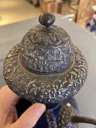 A Chinese monochrome blue-glazed kendi with silvered copper mounts, Qianlong