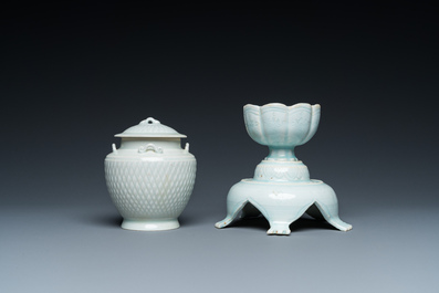A Chinese carved qingbai vase with cover and a cup with stand, Song or later
