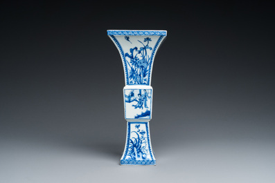 A Chinese blue and white square 'gu' vase with erotical scene on the base, Kangxi