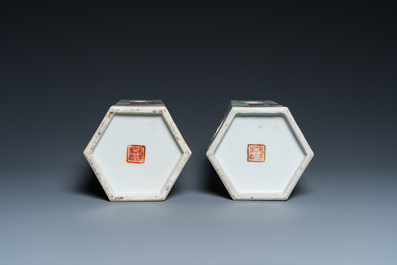 A pair of hexagonal Chinese reticulated famille rose 'Wu Shuang Pu' hat stands, Tongzhi mark and of the period