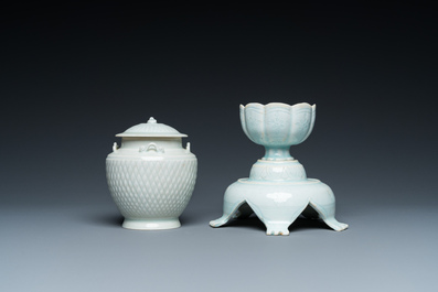 A Chinese carved qingbai vase with cover and a cup with stand, Song or later