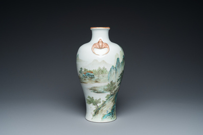 A Chinese famille verte 'meiping' vase with a fine landscape, Republic