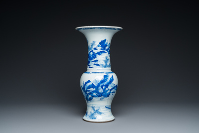 A Chinese blue and white 'yenyen' vase with fishermen in a landscape, 19th C.