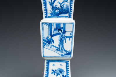 A Chinese blue and white square 'gu' vase with erotical scene on the base, Kangxi