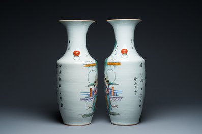 A pair of Chinese famille rose 'whistling ladies' vases, signed Zeng Dingtai 曾鼎太, 19/20th C.