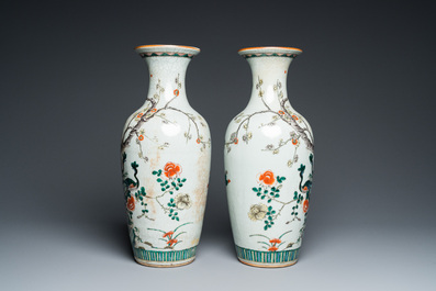 A pair of Chinese famille verte crackle-glazed vases, 19th C.