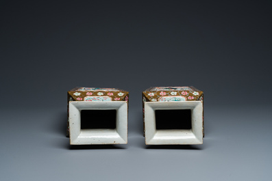 A pair of rectangular Chinese famille rose relief-molded vases, 19th C.