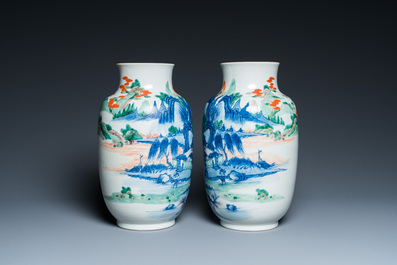 A pair of Chinese famille verte vases with fine landscapes, Yongzheng mark, 19/20th C.