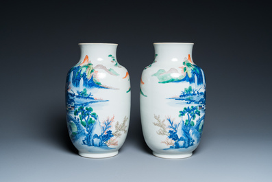 A pair of Chinese famille verte vases with fine landscapes, Yongzheng mark, 19/20th C.