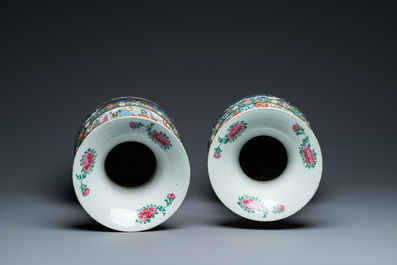A pair of exceptional Chinese famille rose celadon-ground vases, 19th C.