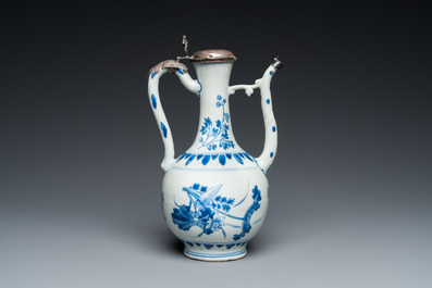 A Chinese blue and white silver-mounted ewer, Transitional period