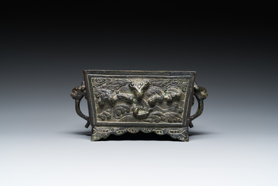 A Chinese inscribed square bronze censer, Ming