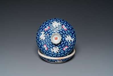 A Chinese famille rose blue-ground spice box and cover for the Straits or Peranakan market, 19th C.