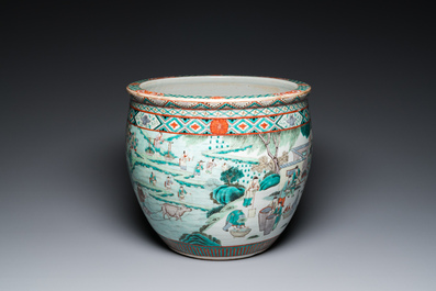 A Chinese famille verte 'silk production' fish bowl, 19th C.