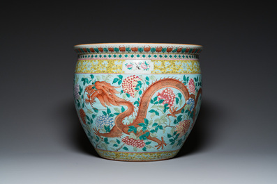 A large Chinese famille verte light blue-ground fish bowl, 19th C.