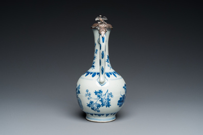 A Chinese blue and white silver-mounted ewer, Transitional period