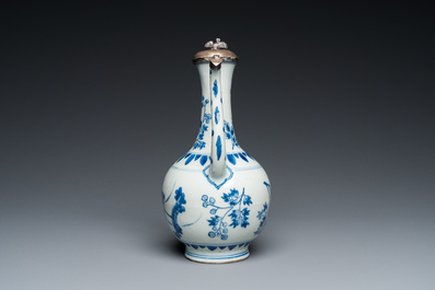 A Chinese blue and white silver-mounted ewer, Transitional period