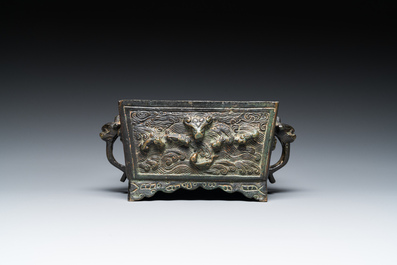 A Chinese inscribed square bronze censer, Ming