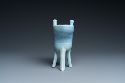 A Chinese lavender-blue-glazed ritual wine ewer, 'jue', Qianlong mark and possibly of the period