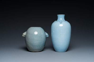 Two Chinese monochrome blue-glazed vases, one with Yongzheng mark, 19/20th C.