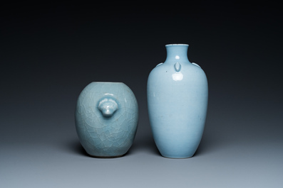 Two Chinese monochrome blue-glazed vases, one with Yongzheng mark, 19/20th C.