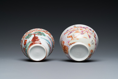 Een Chinees famille rose exportporseleinen bord en twee koppen en schotels, Qianlong