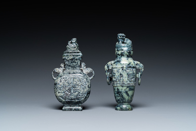 Two Chinese carved marble vases and covers, Qing