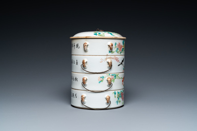 A Chinese qianjiang cai four-tier stacking box, signed Yu Chun 喻春, dated 1907