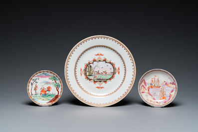 A Chinese famille rose export porcelain plate and two cups and saucers, Qianlong
